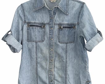 Y2K Faded Glory Denim Snap Button Shirt. Medium.