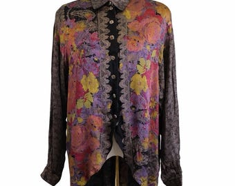 VTG 90s Dorothy Schoelen Platinum Silky blouse. paisley & floral print. Rayon M