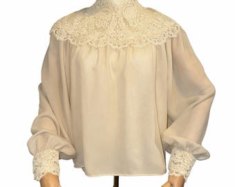 Vintage Victor Costa Ivory Lace Blouse. Bridal.  Elegant. Mesh. M/L