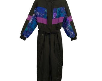 Vintage 80s Ski-Doo Bombardier one-piece ski suit. womens Medium. black/purple