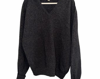 VTG LL Bean V-hals trui donkergrijs 100% lamswol Made in Ireland XL hoog