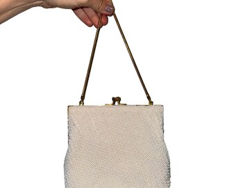 Vintage Gold & White beaded evening clutch. Kiss lock  chain handle. Wedding