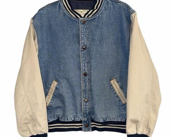 Jaqueta universitária vintage em jeans da Cotton Heritage, tamanho G, 100% algodão.