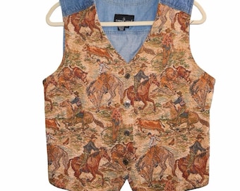 90-tals Gobeläng Ridsport Carole Little Sport Jeansväst Storlek L Vintage Cowgirl