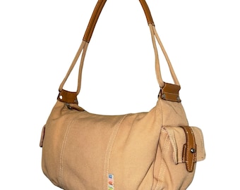 Y2K Fossil tan canvas shoulder bag with leather straps. Fossil 75082