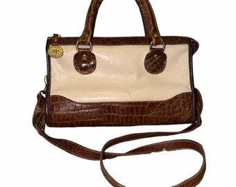 vintage Brahmin Ivory satchel  With brown crocodile-embossed leather trim.