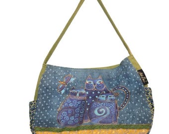 Laurel Burch LB416 Medium Canvas Purse Tote Indigo Cats Hobo Bag