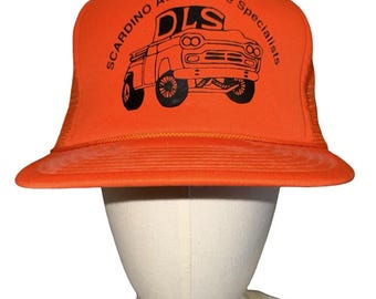 vintage orange trucker hat. graphic  "Scardino Automotive Specialists" San Sun