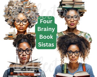 Afro-américain Clipart Bundle, clipart femme noire, clipart fille noire, femme afro-américaine, lecture de livres, #Four Brainy Book Sistas