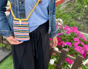 Crochet Phone Crossbody Bag: Colorful Cotton Mobile Pouch