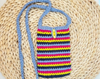 Crochet Crossbody Phone Bag: Striped Cotton Mobile Phone Case