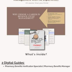 Puede incluir: Guía digital titulada "Behind the Scenes: Benefits Verification Specialist" con la palabra "Pharmacy" en rojo. La guía promete ayudar a entrar en la gestión del ciclo de ingresos. El texto incluye "¿Por qué elegir una carrera en la gestión del ciclo de ingresos?" y "¿Qué hay dentro?"