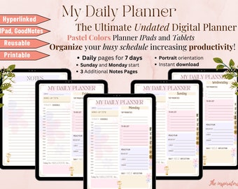 Pode incluir: Um planejador digital com cores pastel e detalhes florais. O planejador inclui páginas diárias para sete dias, uma seção de notas e um plano de refeições semanal. O texto "My Daily Planner" está na parte superior da imagem. O planejador é projetado para ser usado com iPads e tablets.