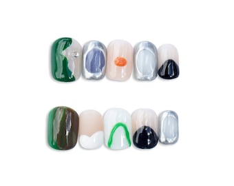 Faux Ongles Réutilisables, Press on Nails Courts, Coloré, Vert, Argent, Super Mignon