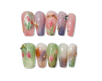 Faux Ongles Réutilisables, Press-on Nails Fleurs, Tulip Peint à la Main, Rose, Violet, Vert, Orange Dégradé, Paillettes