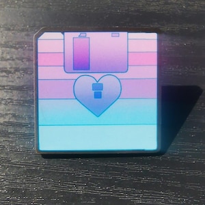 Pastel Floppy Disk metal pin, cyberpunk glitch aesthetic accessory