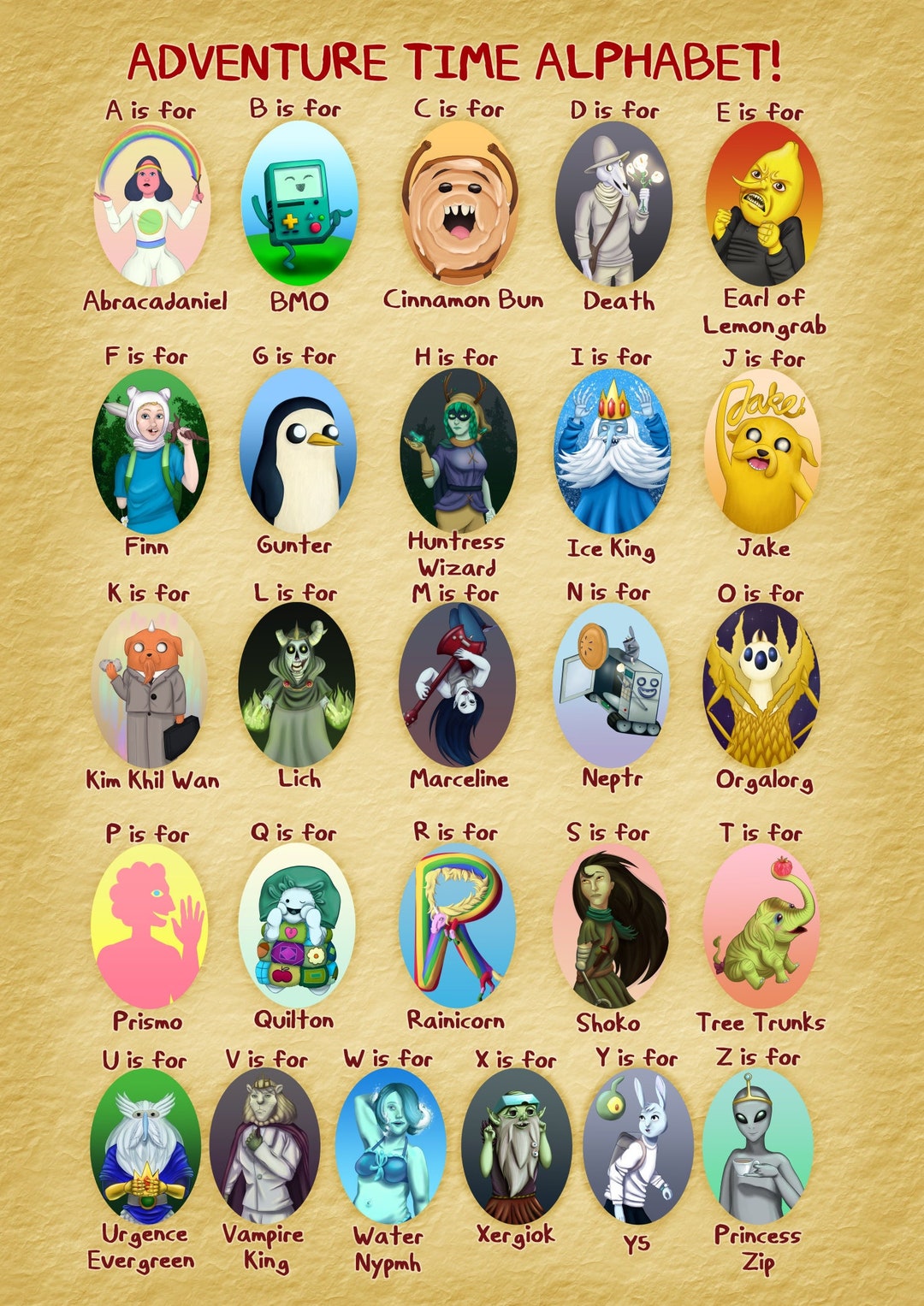 Adventure Time Alphabet Poster, Art Print, Cartoon Artwork, Fanart Etsy