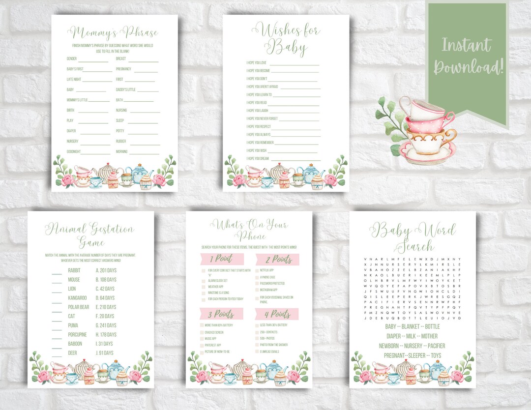 Baby Shower Games | Tea Party Shower Games Bundle | Printable Games ...
