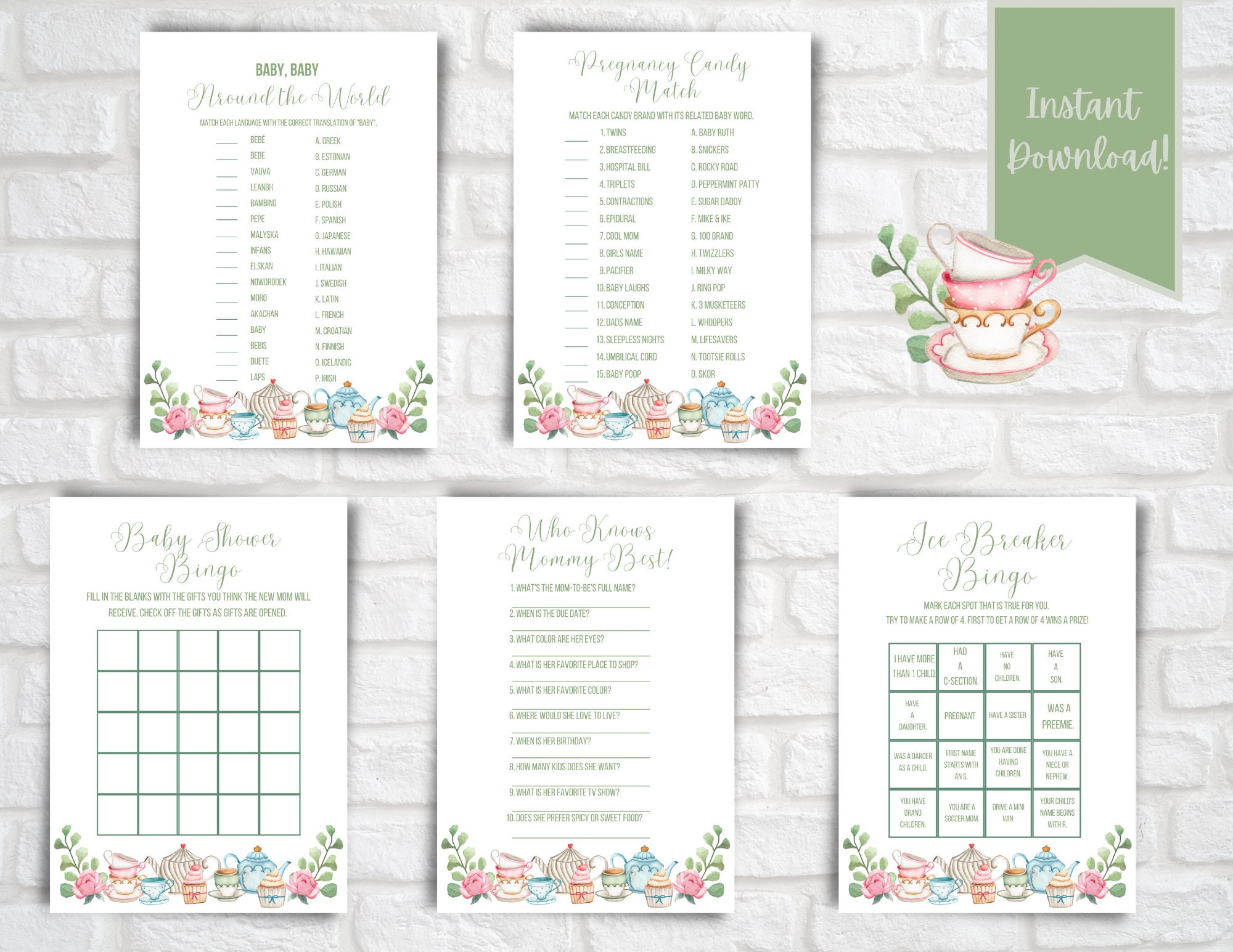 Baby Shower Games | Tea Party Shower Games Bundle | Printable Games ...