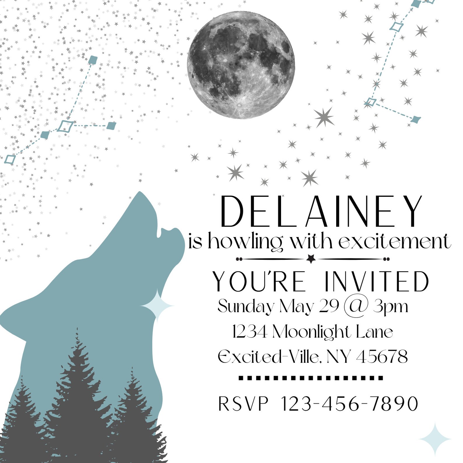 Wolf Birthday Party Invitation Celestial Wolf Moutain Woodland Theme