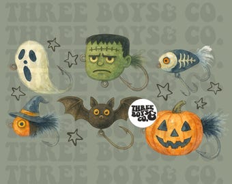 May include: Watercolor illustrations of Halloween-themed fishing lures, including a ghost, Frankenstein's head, a fish skeleton, a witch's hat, a bat, and a jack-o'-lantern. The background is a muted green with the text "THREE BOYS & CO." repeated.