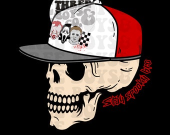May include: A white and red baseball cap with a skull wearing the cap. The cap has a black and white chequered pattern and the text "Three Boys & Co." on the front. The skull has red text that says "Stay Spooky Bro".