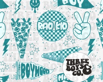 May include: A white background with a teal blue pattern of pennants, lightning bolts, smiley faces, and checkered circles. The text "Three Boys & Co." is in a black circle.
