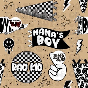 May include: A brown background with black and white checkered circles, a black and white checkered pennant with flames, a black and white pennant with the text "Mama's Boy", a black and white smiley face, a black and white lightning bolt, a black and white pennant with the text "Be original Do not copy", a black and white hand with the text "Three Boys & Co.", and a black and white pennant with the text "Long Live Boy".