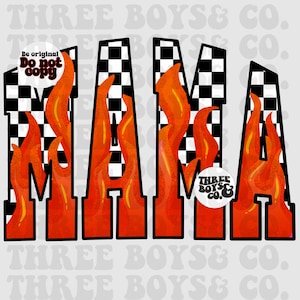 May include: A red, orange, and yellow flame design spelling out the word "MAMA" with a black and white checkered background. The design includes a small circle with the text "THREE BOYS & CO."
