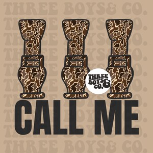 May include: Three brown and tan camouflage patterned bottle stoppers with the text "CALL ME" in black below. A white circle with the text "THREE BOYS&CO." is in the center of the image.