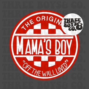 May include: Red and white circular sticker with the text "The Origin" and "Mama's Boy" in white. The sticker also has the text "Off the Wall Loved" in white and a checkered pattern. A smaller white circle with the text "Three Boys & Co." in black is in the upper right corner.