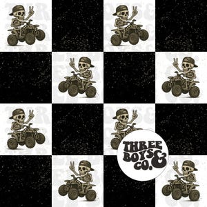 May include: A repeating pattern featuring a skeleton wearing a baseball cap and riding an ATV, giving a peace sign. The background is a checkerboard of black and white squares with a speckled texture. A circular logo reads "THREE BOYS & CO."