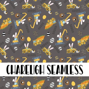 May include: A seamless pattern featuring yellow construction vehicles with bunny ears, carrying baskets of Easter eggs and carrots. The background is gray with black and white geometric shapes.
