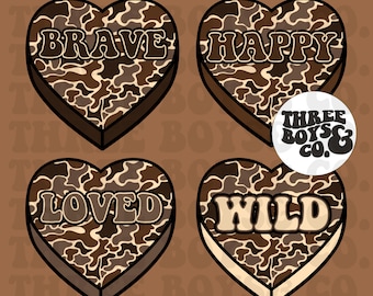 May include: Four brown and beige camouflage heart-shaped stickers with the words "Brave", "Happy", "Loved", and "Wild" in white letters. The stickers are on a brown background with the text "Three Boys & Co."