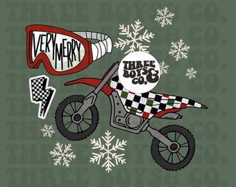 May include: A red and white motocross bike with a checkered pattern on the seat and a green and white checkered pattern on the side. The bike has a red and white helmet with the words "Very Merry" on it. The bike is surrounded by snowflakes and a white circle with the text "Three Boys & Co."