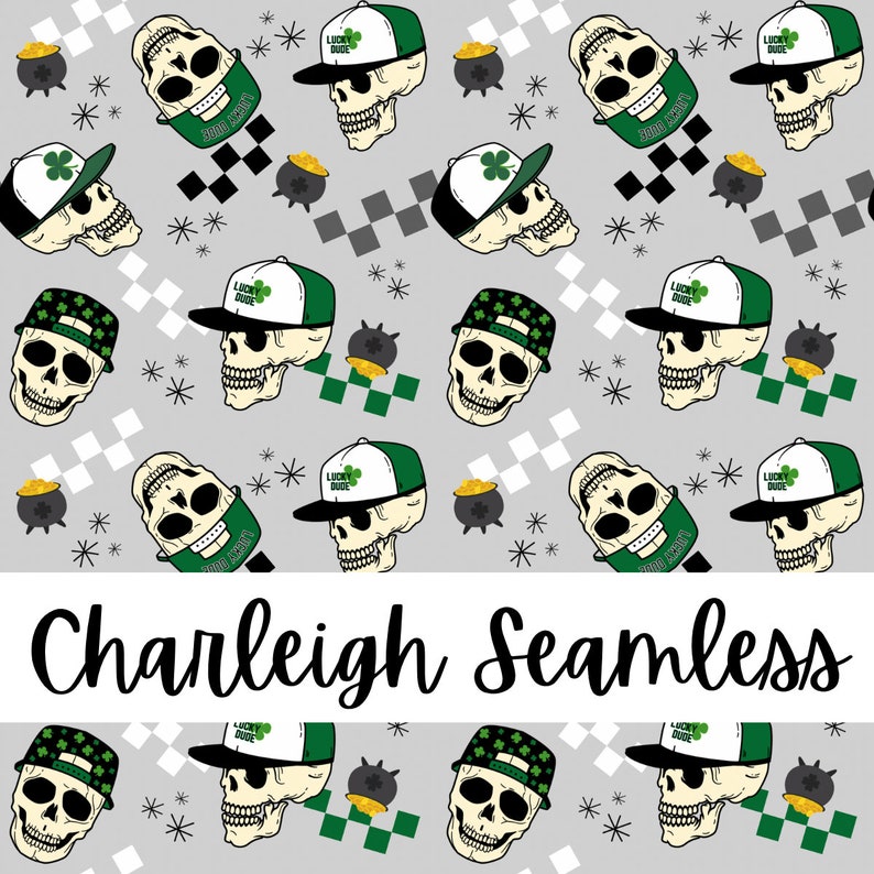 May include: A seamless pattern featuring a skull wearing a green and white baseball cap with the text "Lucky Dude" on it. The skull is surrounded by green shamrocks, gold coins, and black and white checkered squares on a light gray background.