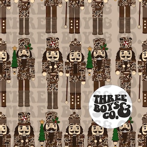May include: A seamless pattern featuring a repeating design of nutcracker soldiers wearing camouflage outfits. The nutcrackers are holding a candy cane and a Christmas tree. The background is a light brown color. The text "THREE BOYS & CO." is in a circle in the center of the image.