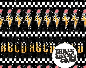 May include: A black and white patterned design featuring yellow lightning bolts, checkerboard stripes, and the text "ABC". The design also includes the text "THREE BOYS & CO." in a circular logo.