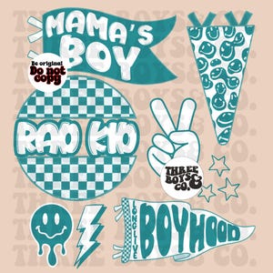 May include: A set of nine teal and white digital stickers with a retro theme. The stickers include a checkered circle with the text "Rad Kid", a peace sign, a pennant with the text "Long Live Boyhood", a lightning bolt, a dripping smiley face, a pennant with the text "Mama's Boy", a pennant with a pattern of smiley faces, a star, and a circle with the text "Three Boys & Co."