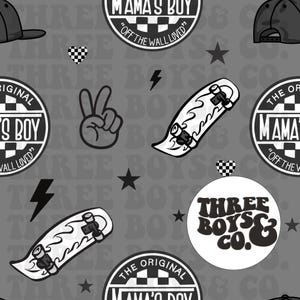 May include: A gray seamless pattern featuring skateboards, stars, lightning bolts, peace signs, and the text "THREE BOYS & CO." and "MAMA'S BOY". The design includes black and white elements.