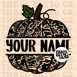 May include: A brown and tan camouflage pumpkin with a black outline and a green leaf on top. The pumpkin is split in half with the text "YOUR NAME" in black letters on a white background. A white circle with the text "THREE BOYS & CO." in black letters is on the right side of the pumpkin.