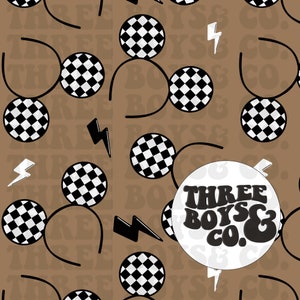 May include: A brown background with a repeating pattern of black and white checkered circles, lightning bolts, and the text "Three Boys & Co.".