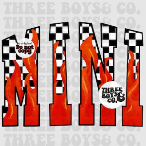 May include: Black and white checkered letters spelling "MINI" with flames in red and orange. The letters are outlined in black. A white circle with black text says "THREE BOYS & CO."