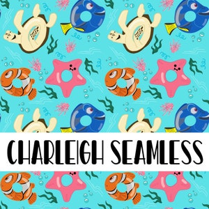 May include: Seamless pattern featuring cartoon sea creatures including turtles, clownfish, starfish, and blue fish on a light blue background. The text "CHARLEIGH SEAMLESS" is displayed in a white banner across the image.