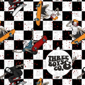 May include: A repeating pattern featuring skeleton figures skateboarding on a black and white chequered background with red star accents. The design includes the text "THREE BOYS & CO." in a circular logo.