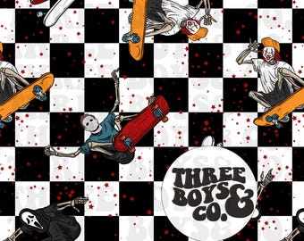 May include: A repeating pattern featuring skeleton figures skateboarding on a black and white chequered background with red star accents. The design includes the text "THREE BOYS & CO." in a circular logo.