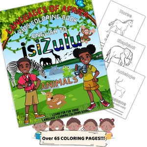 Zulú / Aprendizaje de idiomas africanos Descarga digital Libro para colorear para niños / ANIMALES / Páginas para colorear para niños / PDF imprimible