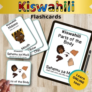 Swahili Teile des Körpers Karteikarten, 40 Digitale Afrikanische Sprachlernkarten, Lernkarten für den afrikanischen Kulturkreis