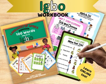 May include: A colorful workbook for learning the Igbo language. The cover features a classroom scene with two children and a laptop. The title of the book is "Languages of Africa Workbook 100 Words English to Igbo".