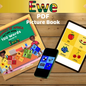 以下が含まれることがあります： 「アフリカの言語 絵本 100語 英語からエウェ語」というタイトルのカラフルな絵本カバーと、本を持っている子供の絵。この本はPDFでダウンロードできます。